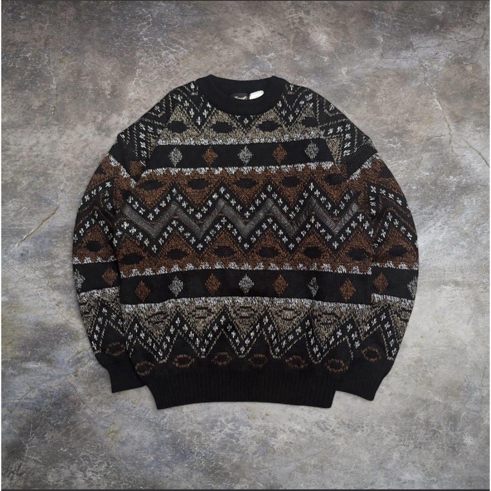 Vintage Impact Sweater Mens L Geometric Aztec Leather Trim Pullover 90s Korea